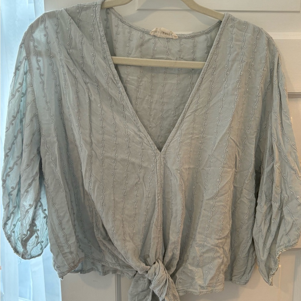 Lovestitch Soft Gray Embroidered Blouse with Tie Front